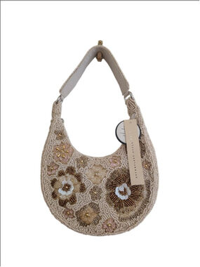 NWT Studio 12 Handmade Floral Beaded Shoulder Bag Ivory Gold Pink Made India